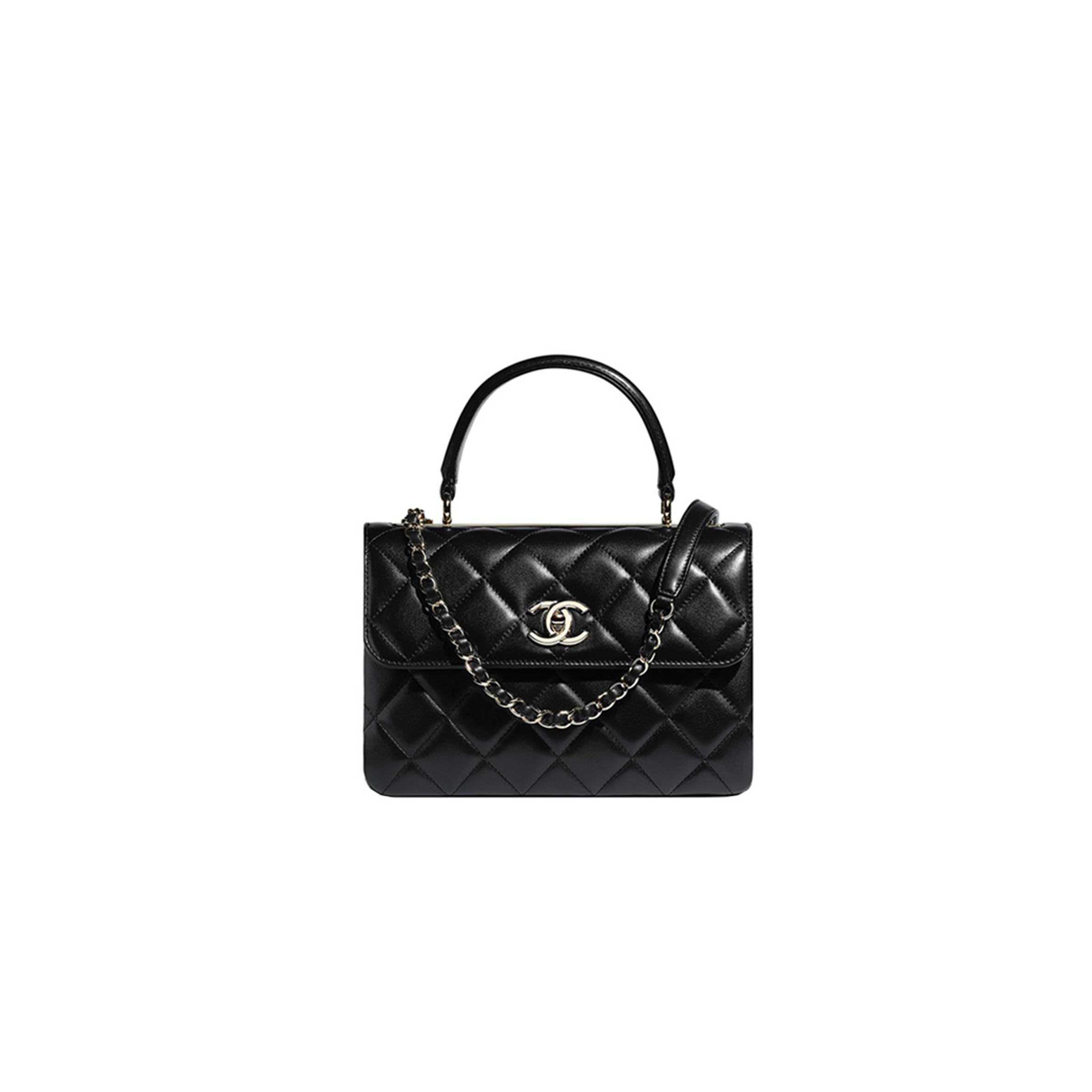 Ch*elmaster  flap bag top handle quilted lambskin gold-tone small black a92236 (25*17*12cm)